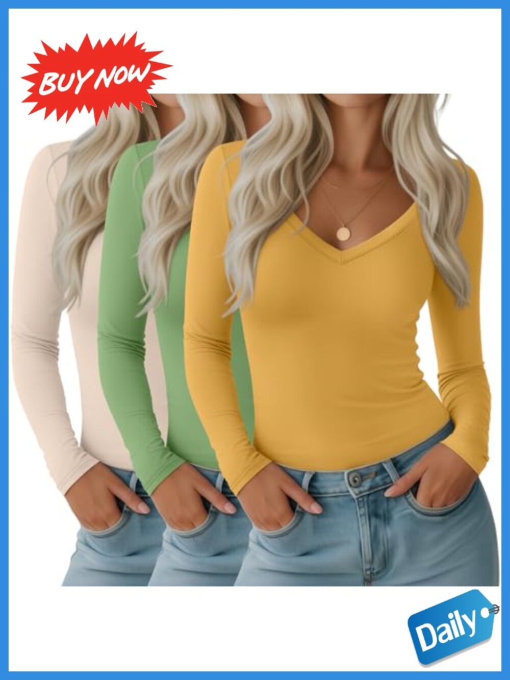 3 Pack Deep V Neck Long Sleeve T Shirt Slim Fit Cotton Blend Tee